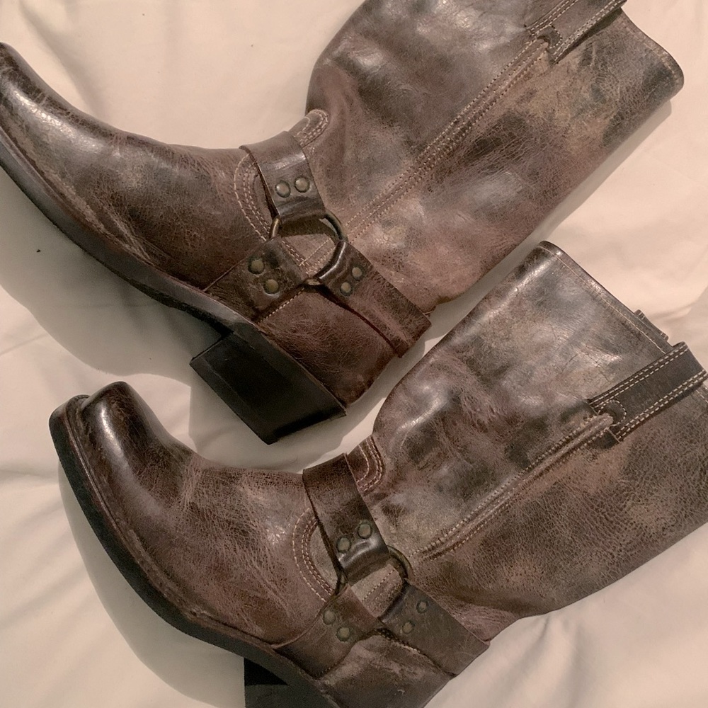 FRYE DISTRESSED PATINA HARNESS BROWN LEATHER MOTORCYCLE BIKER BOOTS